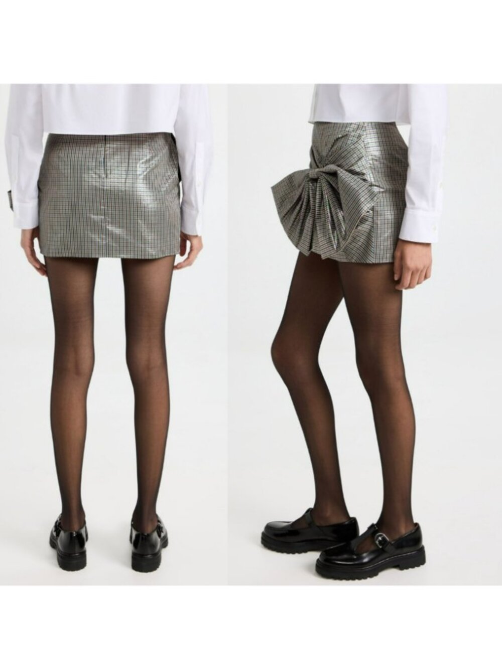 Pushbutton $536 Metallic Plaid Mini Skirt Large Bow Preppy School Pink Green - Picture 3 of 11